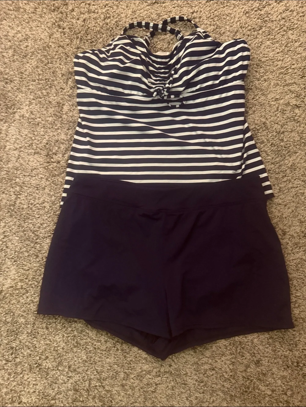 Striped Navy & White Women’s Two-Piece Swimsuit with Navy Swim Shorts